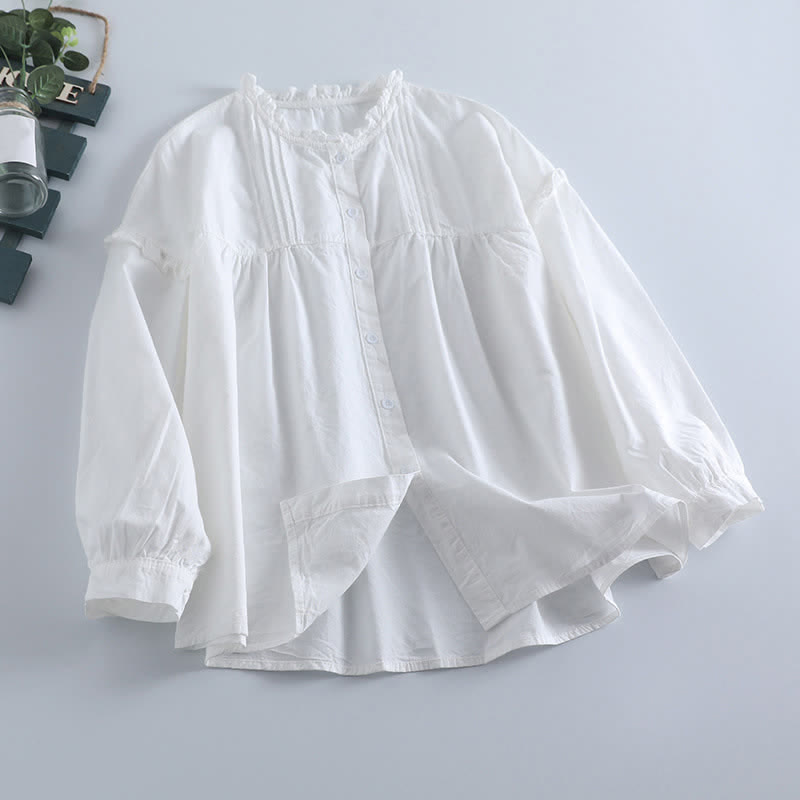 Buddha Stones Camicia da donna a maniche lunghe, tinta unita, con bottoni e pieghe, stile primaverile, casual vintage. - Bianco - US8-10, UK/AU12-14, EU40-42 (2XL) - image 8
