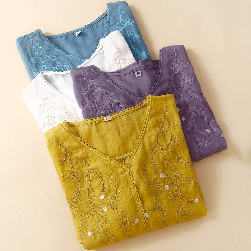 T-shirt da donna a maniche corte con scollo a V e ricamo di rami di fiori e Buddha Stones per l'estate. - image 8