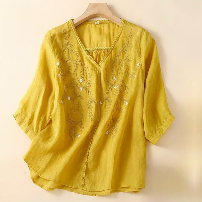 T-shirt da donna a maniche corte con scollo a V e ricamo di rami di fiori e Buddha Stones per l'estate. - Oro - US8-10, UK/AU12-14, EU40-42 (2XL) - image 0