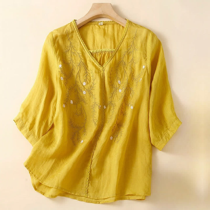 T-shirt da donna a maniche corte con scollo a V e ricamo di rami di fiori e Buddha Stones per l'estate. - Oro - US8-10, UK/AU12-14, EU40-42 (2XL) - image 0