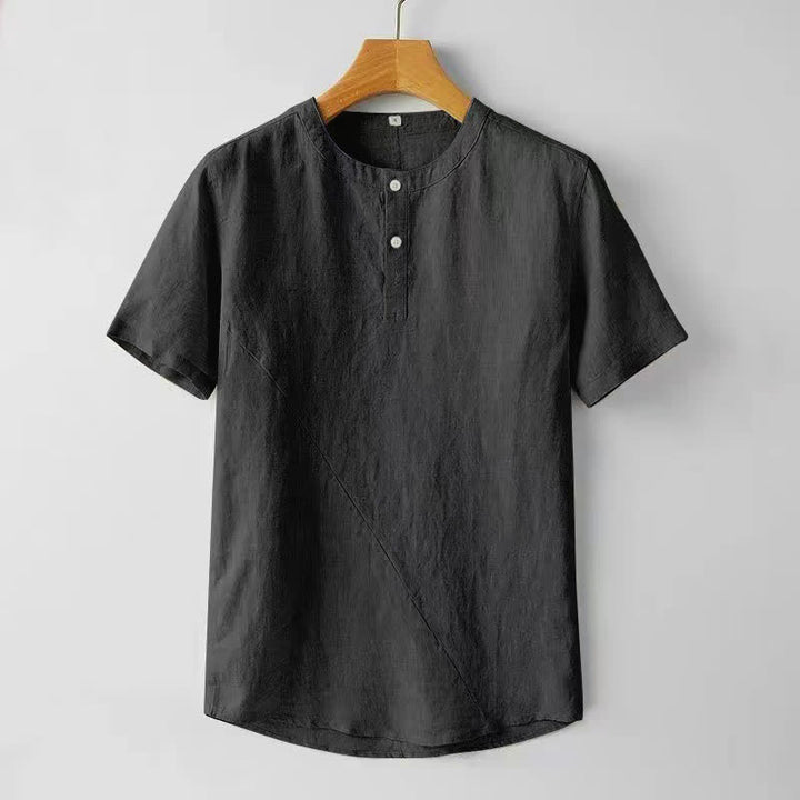 Camicia da uomo a maniche corte, tinta unita, in poliestere e lino, con Buddha Stones e due bottoni. - Nero - US/UK/AU44, EU54 (4XL) - image 3