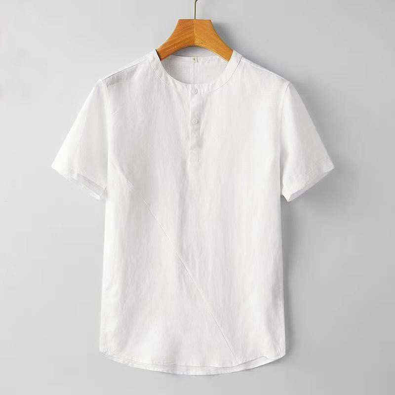 Camicia da uomo a maniche corte, tinta unita, in poliestere e lino, con Buddha Stones e due bottoni. - Bianco - US/UK/AU44, EU54 (4XL) - image 1