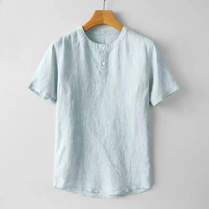 Camicia da uomo a maniche corte, tinta unita, in poliestere e lino, con Buddha Stones e due bottoni. - Turchese pallido - US/UK/AU44, EU54 (4XL) - image 7