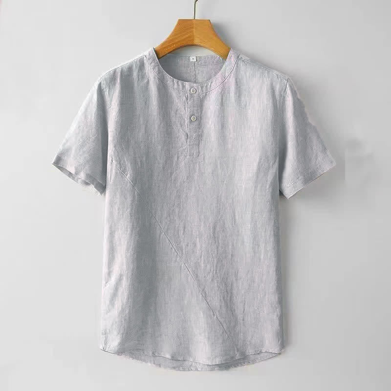 Camicia da uomo a maniche corte, tinta unita, in poliestere e lino, con Buddha Stones e due bottoni. - WhiteSmoke - US/UK/AU44, EU54 (4XL) - image 2