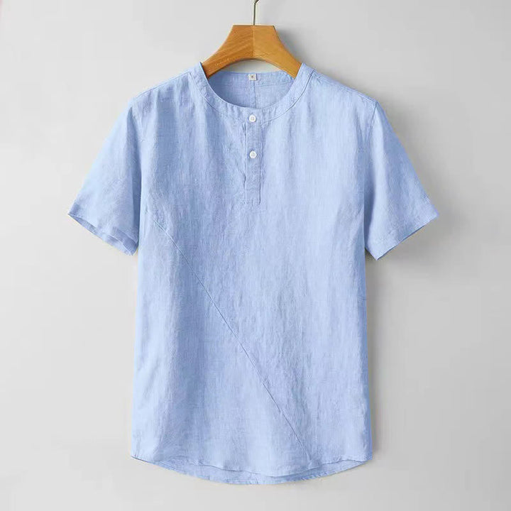 Camicia da uomo a maniche corte, tinta unita, in poliestere e lino, con Buddha Stones e due bottoni. - Azzurro cielo chiaro - US/UK/AU44, EU54 (4XL) - image 6