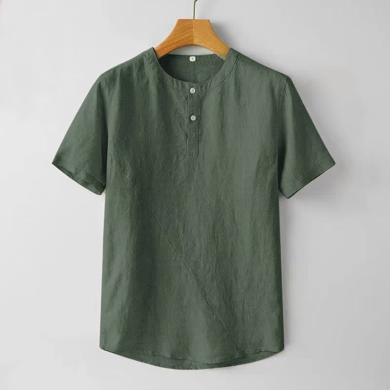 Camicia da uomo a maniche corte, tinta unita, in poliestere e lino, con Buddha Stones e due bottoni. - Oliva - US/UK/AU44, EU54 (4XL) - image 8