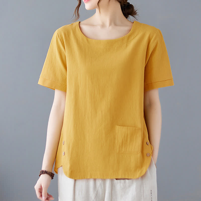 T-shirt da donna a maniche corte girocollo in cotone e poliestere con taschino e spacco laterale, con motivo Buddha Stones. - Giallo - US14, UK/AU18, EU46 (4XL) - image 0