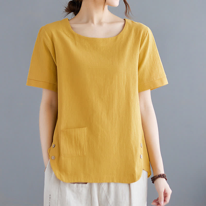 T-shirt da donna a maniche corte girocollo in cotone e poliestere con taschino e spacco laterale, con motivo Buddha Stones. - image 1