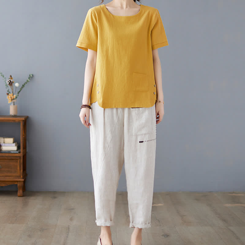 T-shirt da donna a maniche corte girocollo in cotone e poliestere con taschino e spacco laterale, con motivo Buddha Stones. - image 6