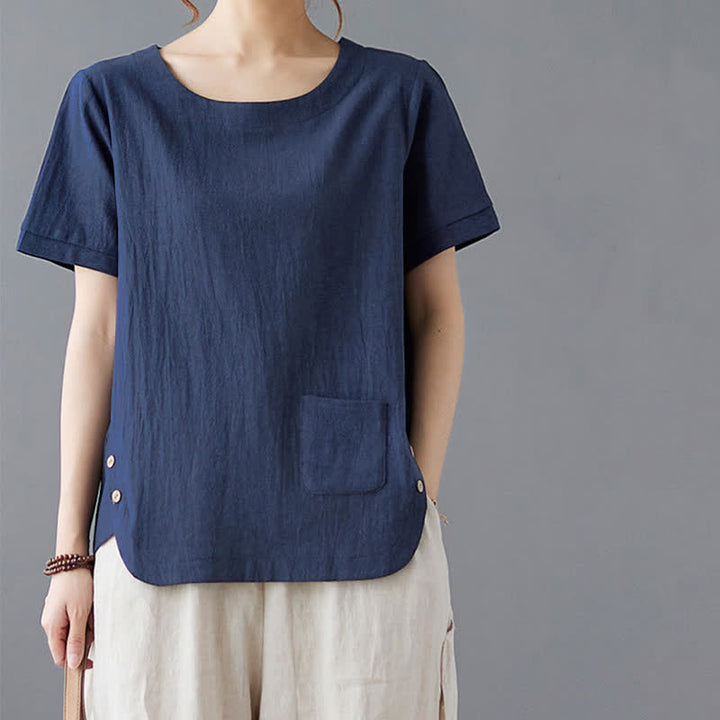 T-shirt da donna a maniche corte girocollo in cotone e poliestere con taschino e spacco laterale, con motivo Buddha Stones. - image 20