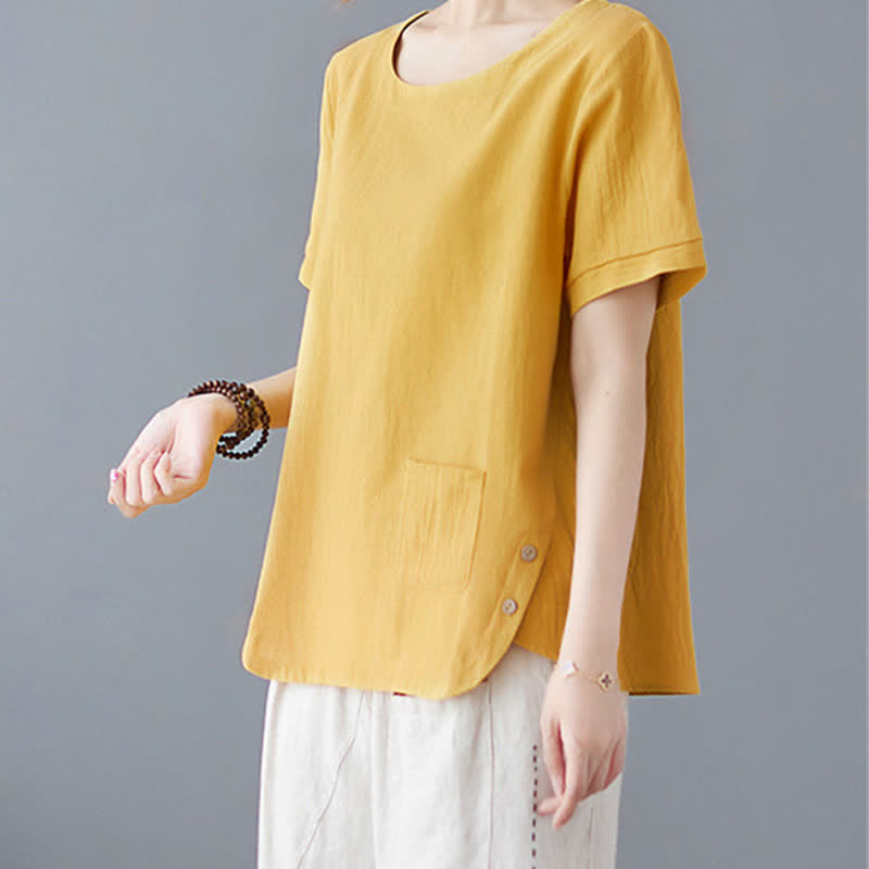 T-shirt da donna a maniche corte girocollo in cotone e poliestere con taschino e spacco laterale, con motivo Buddha Stones. - image 2