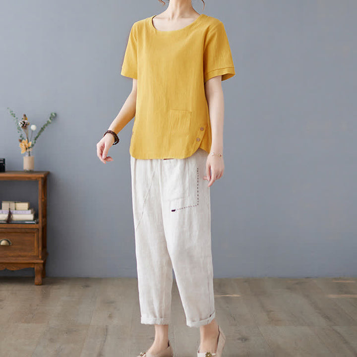 T-shirt da donna a maniche corte girocollo in cotone e poliestere con taschino e spacco laterale, con motivo Buddha Stones. - image 7