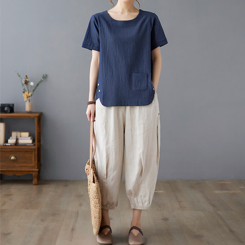 T-shirt da donna a maniche corte girocollo in cotone e poliestere con taschino e spacco laterale, con motivo Buddha Stones. - image 22