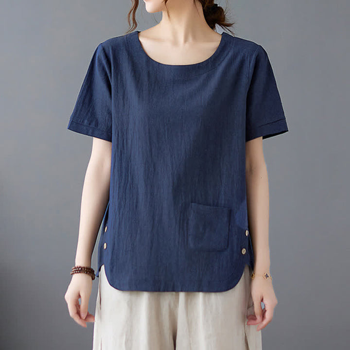 T-shirt da donna a maniche corte girocollo in cotone e poliestere con taschino e spacco laterale, con motivo Buddha Stones. - image 21