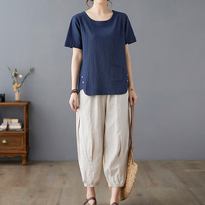 T-shirt da donna a maniche corte girocollo in cotone e poliestere con taschino e spacco laterale, con motivo Buddha Stones. - image 23