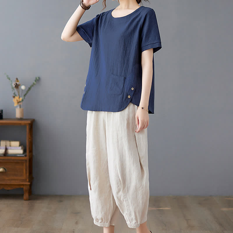 T-shirt da donna a maniche corte girocollo in cotone e poliestere con taschino e spacco laterale, con motivo Buddha Stones. - image 24