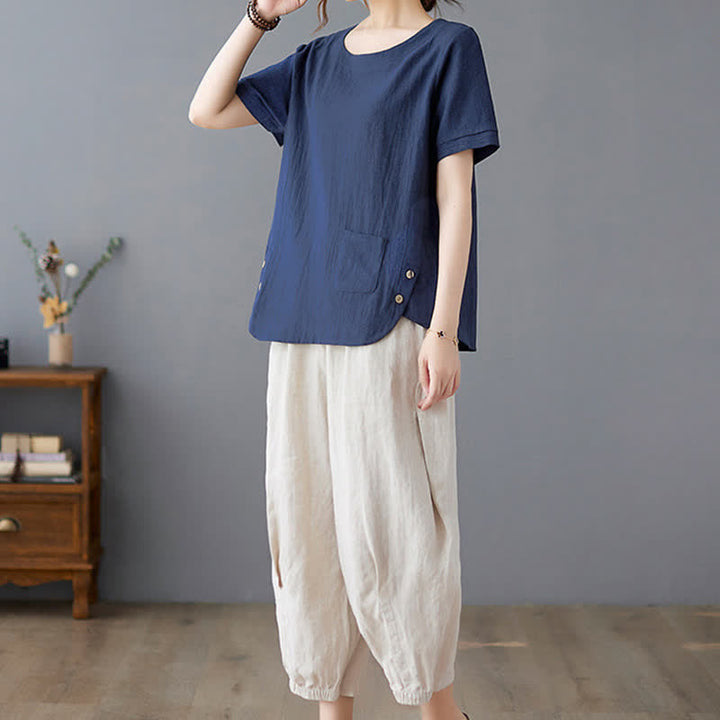 T-shirt da donna a maniche corte girocollo in cotone e poliestere con taschino e spacco laterale, con motivo Buddha Stones. - image 24