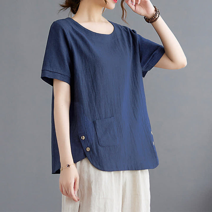 T-shirt da donna a maniche corte girocollo in cotone e poliestere con taschino e spacco laterale, con motivo Buddha Stones. - image 19