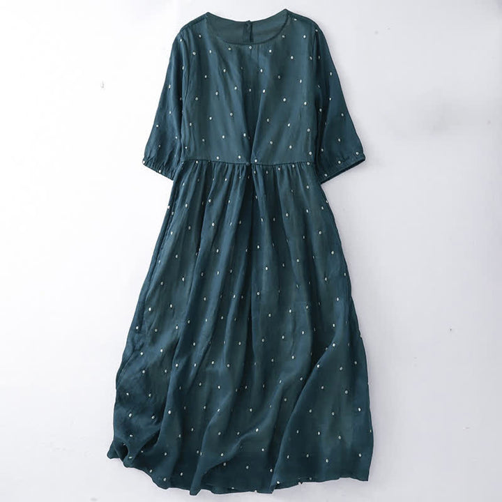 Abito midi in poliestere a maniche corte con motivo a pois e bottoni sul retro, con tasche e decorazioni a Buddha Stones. - Verde acqua - US12, UK/AU16, EU44 (2XL) - image 3