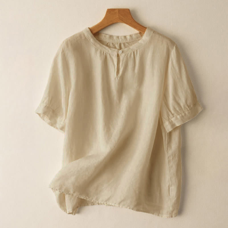 Camicia da donna casual a maniche corte con scollo rotondo e bottoni, con stampa Buddha Stones. - Beige - US8-10, UK/AU12-14, EU40-42 (2XL) - image 0