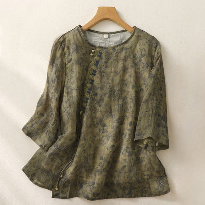 Camicia da donna a maniche a tre quarti con ricamo di Buddha Stones. - Verde oliva - US12, UK/AU16, EU44 (2XL) - image 14