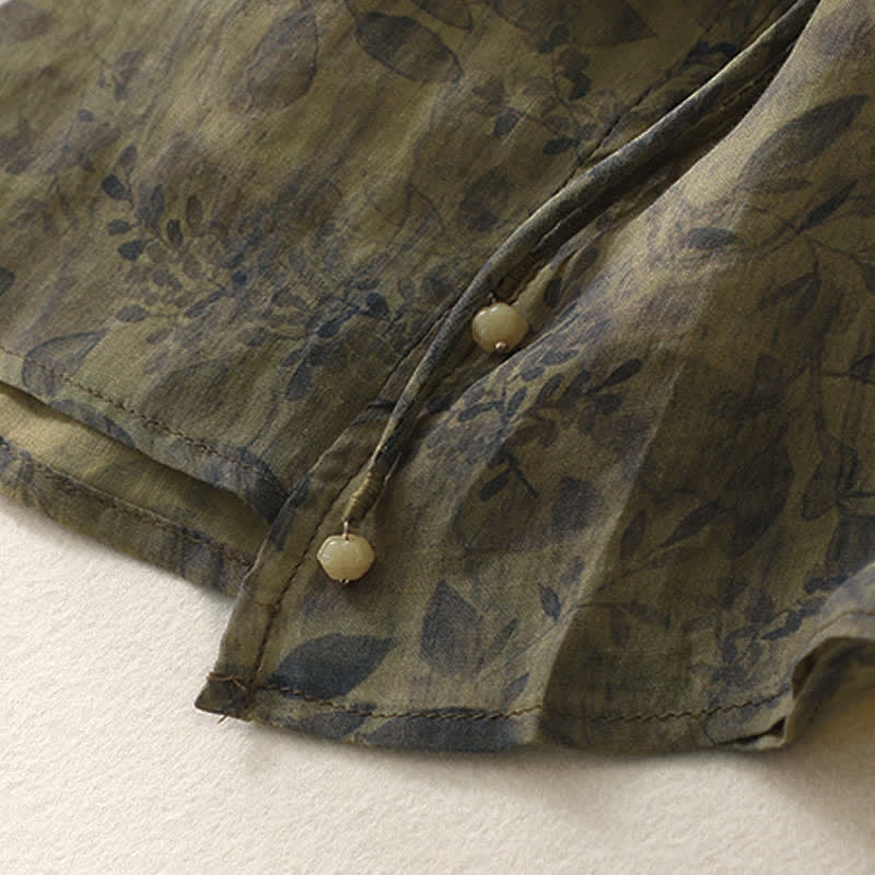 Camicia da donna in cotone e lino con maniche a tre quarti e ricamo di Buddha Stones e foglie - image 18