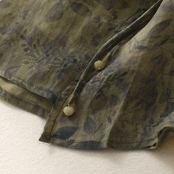 Camicia da donna in cotone e lino con maniche a tre quarti e ricamo di Buddha Stones e foglie - image 18