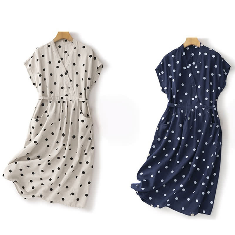 Abito midi da donna con scollo a V, lacci e tasche, con stampa a pois e motivo Buddha Stones. - image 19