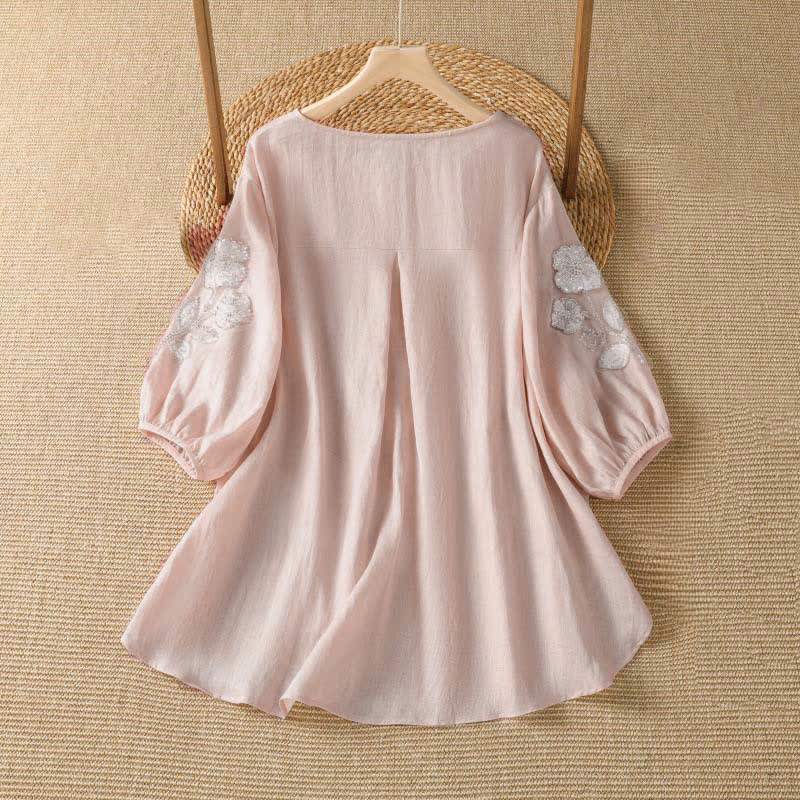 Buddha Stones T-shirt da donna a maniche lunghe, elegante e casual, con scollo rotondo e ricamo floreale bianco, ideale per l'estate. - image 1