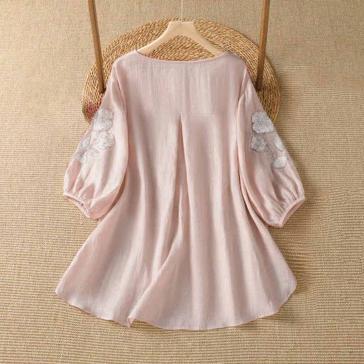 Buddha Stones T-shirt da donna a maniche lunghe, elegante e casual, con scollo rotondo e ricamo floreale bianco, ideale per l'estate. - image 1