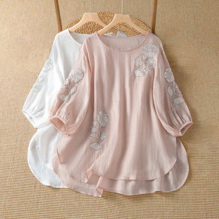 Buddha Stones T-shirt da donna a maniche lunghe, elegante e casual, con scollo rotondo e ricamo floreale bianco, ideale per l'estate. - image 8