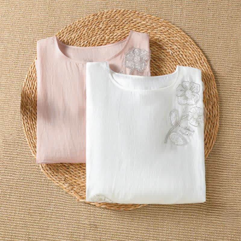 Buddha Stones T-shirt da donna a maniche lunghe, elegante e casual, con scollo rotondo e ricamo floreale bianco, ideale per l'estate. - image 9