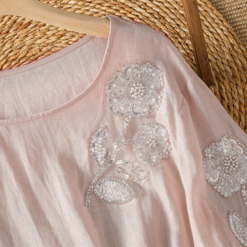 Buddha Stones T-shirt da donna a maniche lunghe, elegante e casual, con scollo rotondo e ricamo floreale bianco, ideale per l'estate. - image 2