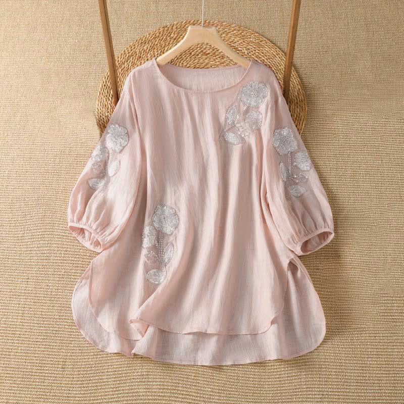 Buddha Stones T-shirt da donna a maniche lunghe, elegante e casual, con scollo rotondo e ricamo floreale bianco, ideale per l'estate. - Rosa Nebbiosa - US14, UK/AU18, EU46 (2XL) - image 0