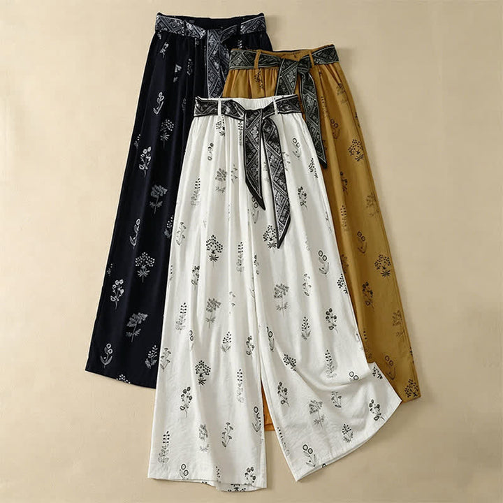 Buddha Stones Pantaloni estivi casual vintage con coulisse e stampa floreale, pantaloni a gamba larga da donna con tasca - image 19