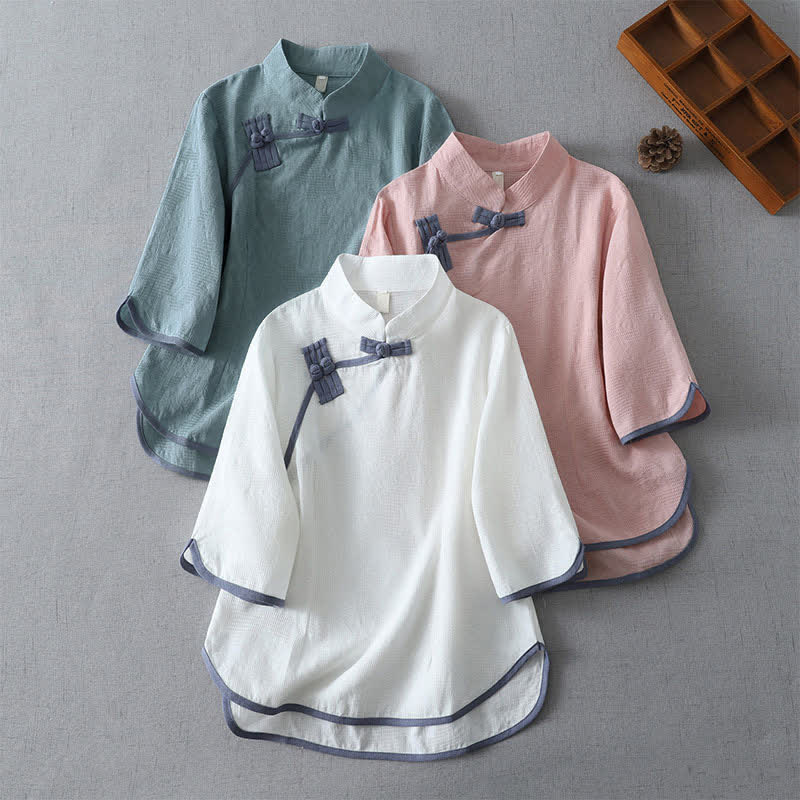 Buddha Stones Camicia da donna a maniche corte, stile Summer Tang, minimalista, con colletto alla coreana e bottoni a rana, tinta unita. - image 0
