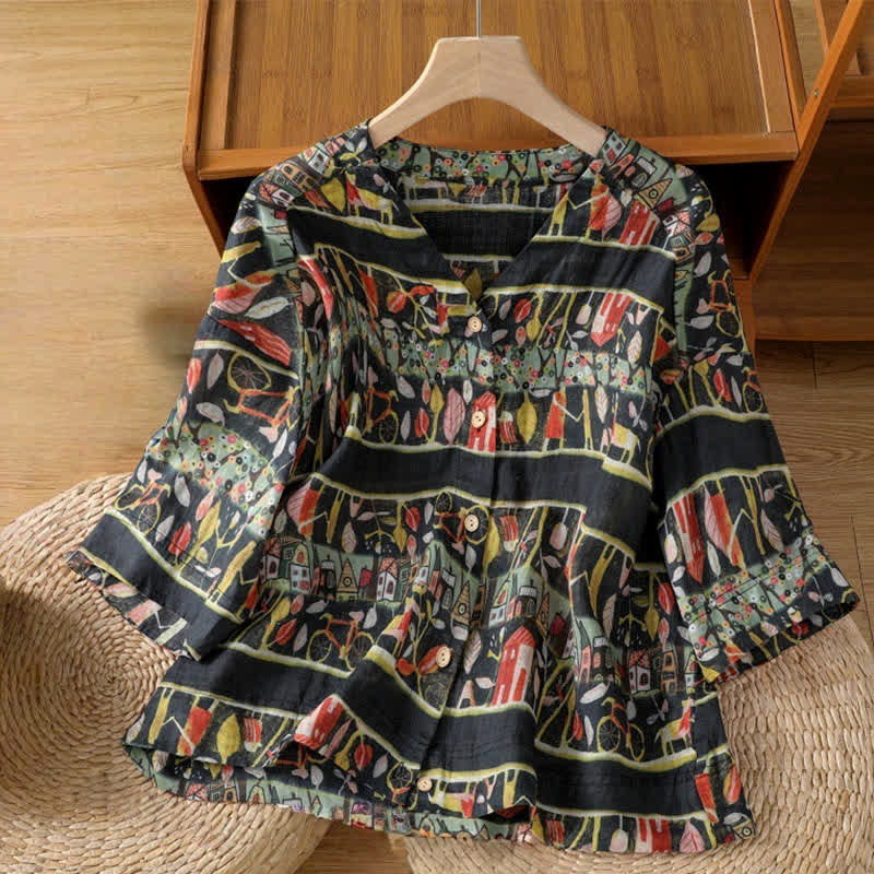 Camicia da donna a maniche a tre quarti in poliestere con scollo a V e stampa Buddha Stones piante, con bottoni. - Nero - US14, UK/AU18, EU46 (2XL) - image 9