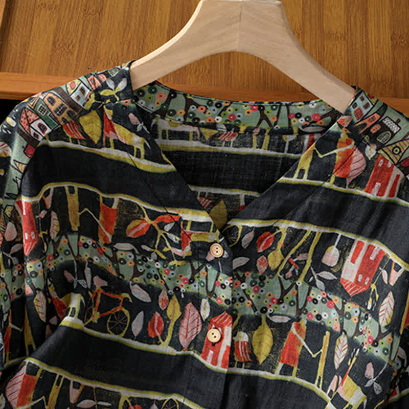Camicia da donna a maniche a tre quarti in poliestere con scollo a V e stampa Buddha Stones piante, con bottoni. - image 11