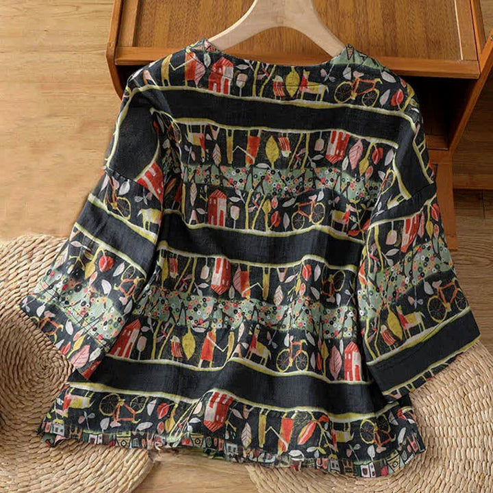 Camicia da donna a maniche a tre quarti in poliestere con scollo a V e stampa Buddha Stones piante, con bottoni. - image 10
