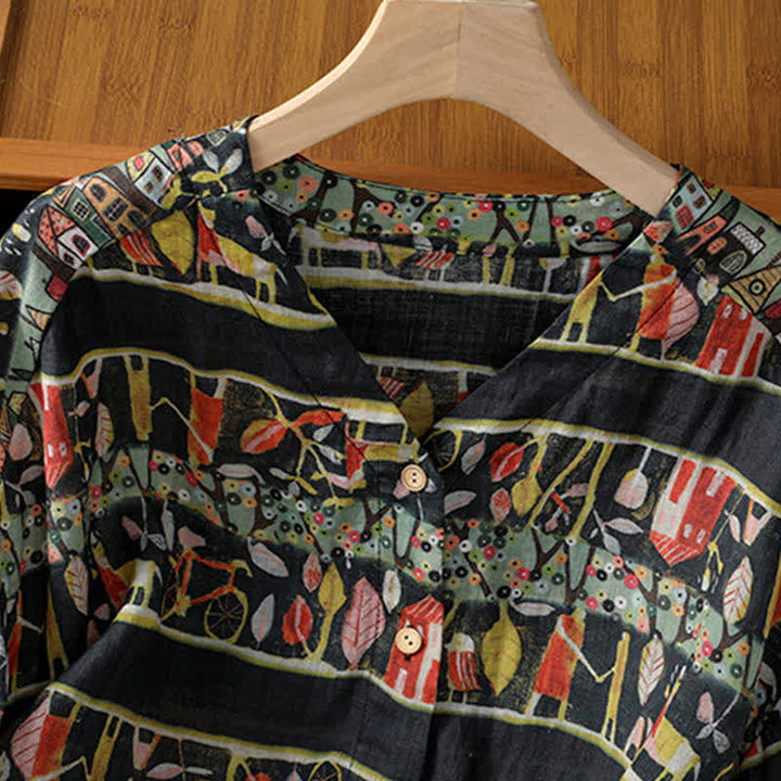 Camicia da donna a maniche a tre quarti in poliestere con scollo a V e stampa Buddha Stones piante, con bottoni. - image 11