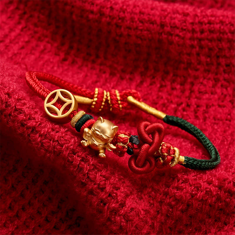 Buddha Stones Braccialetto intrecciato protettivo con gatto portafortuna dorato e cordino rosso - image 12