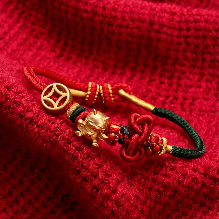 Buddha Stones Braccialetto intrecciato protettivo con gatto portafortuna dorato e cordino rosso - image 12