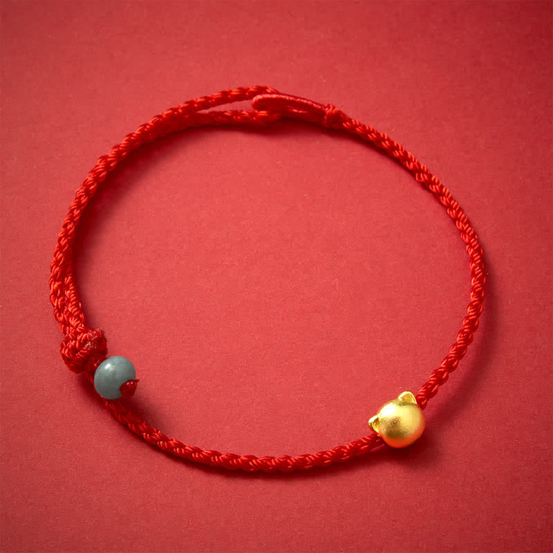 Buddha Stones Braccialetto con testa di gatto in rame e filo rosso in giada - Filo Rosso (Protezione ♥ Fortuna) - image 0