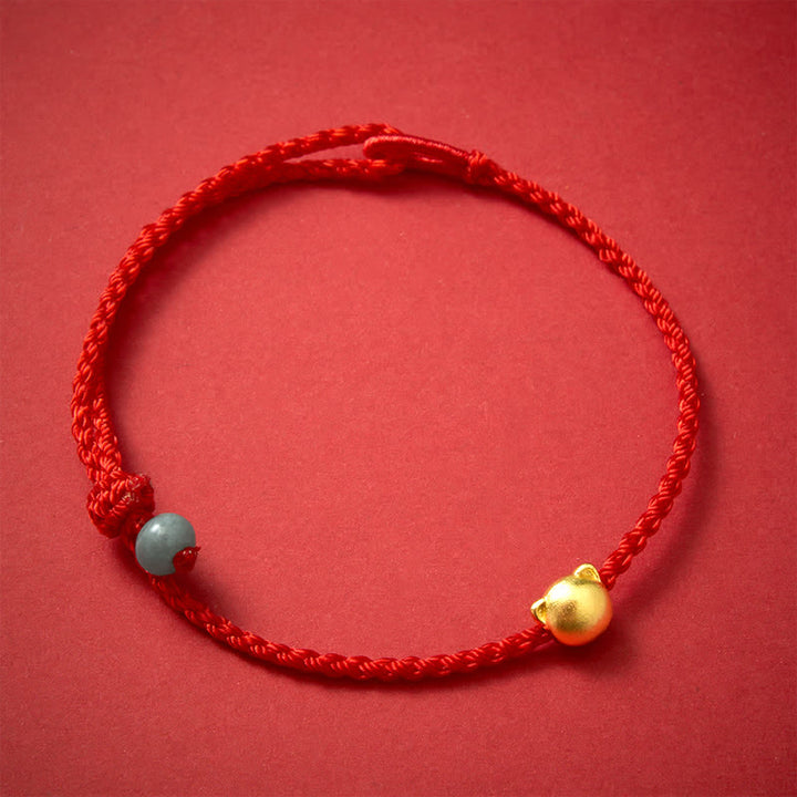Buddha Stones Braccialetto con testa di gatto in rame e filo rosso in giada - Filo Rosso (Protezione ♥ Fortuna) - image 0