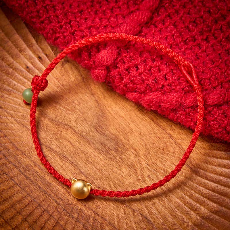 Buddha Stones Braccialetto con testa di gatto in rame e filo rosso in giada - image 1