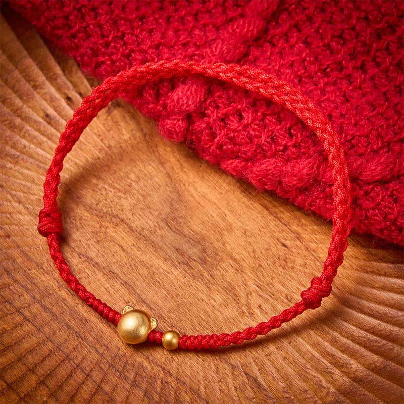 Buddha Stones Braccialetto protettivo a forma di testa di gatto in rame con cordino rosso - Filo Rosso (Protezione ♥ Fortuna) - image 0