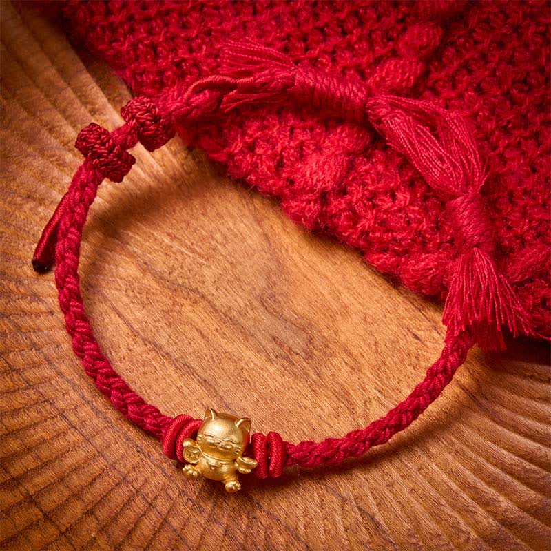 Buddha Stones Braccialetto portafortuna con ciondolo a forma di gatto in rame e cordino rosso - Rosso scuro - image 0