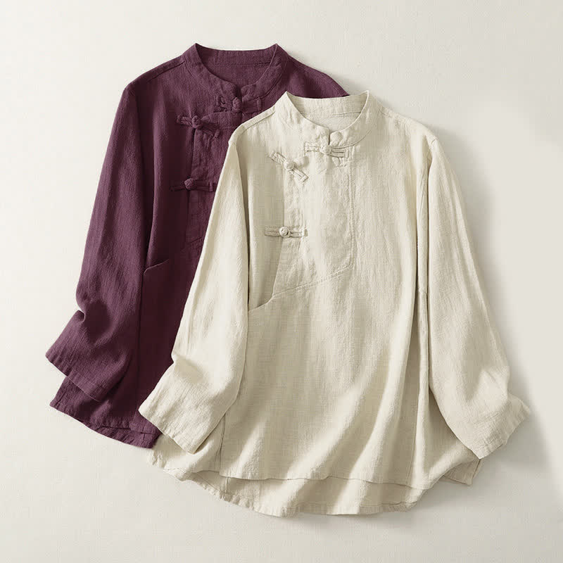 Camicia da donna a maniche lunghe con bottoni a rana e stampa Buddha Stones, casual e semplice - image 0