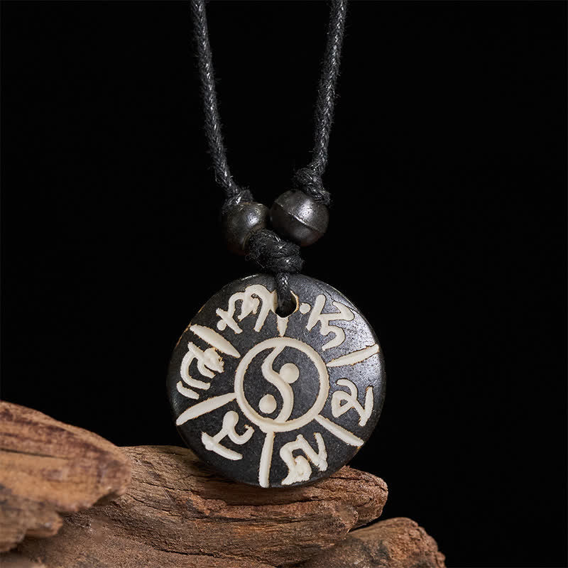 Buddha Stones Collana protettiva Om Mani Padme Hum Yin Yang con perline d'osso intagliate a mano. - Om Mani Padme Hum(Amore ♥ Concentrazione) - image 0