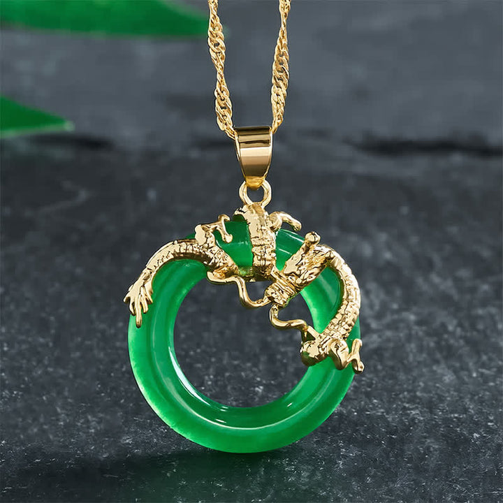 Buddha Stones Collana protettiva con ciondolo rotondo a forma di drago di giada - D'oro - image 0